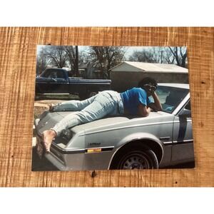 Vintage 1980s Photo Woman Posing on Silver Car Hood Kodak Snapshot 4x3.5in